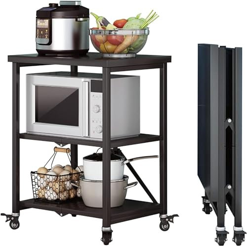 3 estantes de origami negros rodantes de cocina de acero inoxidable, isla de almacenamiento grande para cocina con ruedas de bloqueo