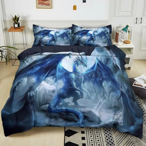 Generisch Bettwäsche-Sets 135x200 cm Blauer Drache Im Fantasy-Stil Polyester Baumwolle Bettbezug Set mit 2 Kissenbezug, 3-Teilig Bettwäsche für Schlafzimmer Dekorieren, Weich Bügelfrei