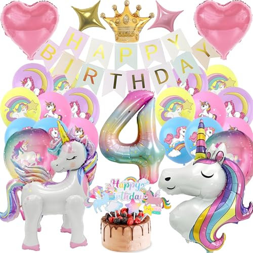Set Einhor Deko Kindergeburtstag 4, Einhor Party Deko 4D Luftballons, Einhor Geburtstagsdeko 4 Jahre Mädchen, Bunt Banner und Tortendeko, Einhor Geschenke für Mädchen (Einhor Geburtstag 4 Jahre)