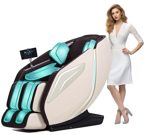HealthRelife Ganzkörpermassagesessel mit Bodyscan 4D-Robotische Hände Intelligente Shiatsu Massagesitzauflage mit Sprachfunktion Rückenheizung(Braun+Beige)
