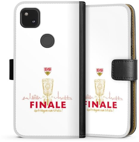 Klapphülle kompatibel mit Google Pixel 4a Handyhülle aus Kunst Leder schwarz Flip Case VfB Stuttgart Offizielles Lizenzprodukt Pokal
