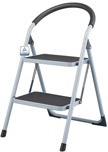 Workzone Trittleiter 2 Stufen klappbar TÜV-Zeichen 150 kg Stahl Klapptritt Klappleiter 2-stufig Anti-Rutsch-Belag Trittbrett & Sicherheitsverriegelung Haushaltstritt
