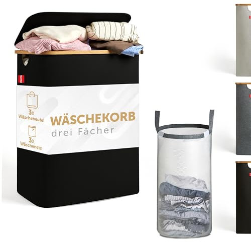 Blumtal Wäschekorb 3 Fächer 150L mit 3 herausnehmbarem Wäschesäcken - Wäschekorb schwarz - Wäschesammler 3 Fächer - Pfandflaschen Sammelbehälter - laundry basket mit Deckel - Wäschebox