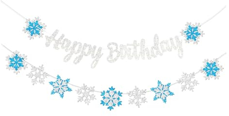 WOUYTPE 2 Pezzi Striscione Buon Compleanno, Ghirlande Happy Birthday Fiocchi di Neve, Decorazioni Compleanno Frozen, Adatto per Decorare Feste di Compleanno, Tema Ghiaccio, Facile da Appendere
