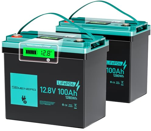 SEMENERG Batteria Litio LiFePO4 Mini 12V 100Ah con LED 2Pack, 100A Intelligente BMS & Max.15000 Cicli, Batteria 12 Volt Deep Cycle 1280 Wh Ricaricabile per Camper, Sistemi a Energia Solare, Campeggio