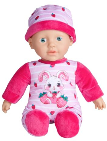 Simba Laura Strawbunny – Weichkörperpuppe für Kleinkinder im Erdbeer-Strampler mit Hasenohren, 30 cm groß, Schmusepuppe ab 1 Jahr