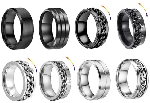 Uwiyo 8 Stück Edelstahl Herren Ring, Silber Schwarz Spinner Ring Männer Vintage Spinner Kette Link Ringe Anxiety Ringe Cool Band Rings Ehering Verlobungsring für Herren Männer