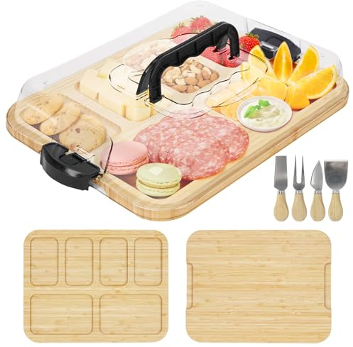 Reversible Charcuterie Board with Lid, Portable Cheese Board and Knife Set