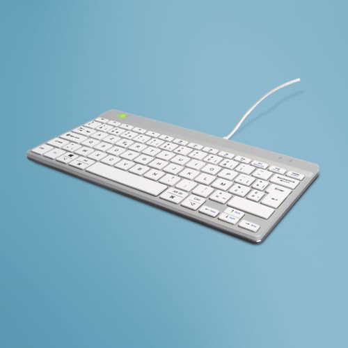 R-Go Compact Break Tastatur, mit Pause-Anzeige, ergonomische Mini-USB-Tastatur, AZERTY (BE), kabelgebunden, weiß
