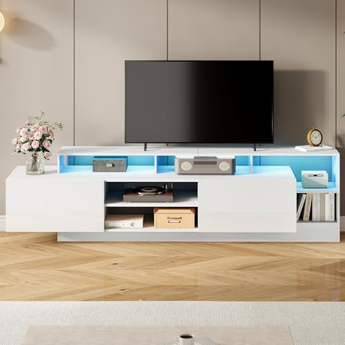 FammyLoft TV Schrank bis 70 Zoll, TV Lowboard mit LED-Anzeigen, Fernsehtisch mit Offener Stauraum, TV Board, Fernsehschrank, Sideboard, für Schlaf- und Wohnzimmerschrank, Hochglanzdesign, 190cm, Weiß