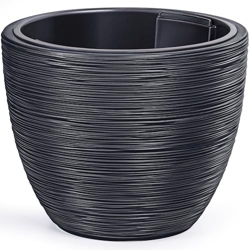 KONZEPT Blumentopf Groß 39 cm Durchmesser mit Einsatz – Pflanzkübel aus Kunststoff, Meißelstruktur, UV- & Frostbeständig, ideal für Wohnung, Büro, Terrasse und Garten, Anthrazit