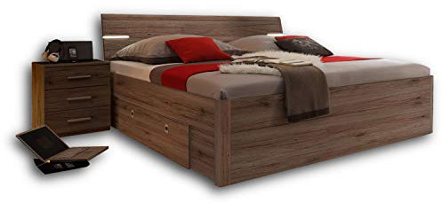 Stella Trading MARS Stilvolle Doppelbett Bettanlage 180 x 200 cm mit 2x Nachtkommoden - Schlafzimmer Komplett-Set in Eiche San Remo Optik, dunkel - 216 x 97 x 185 cm (B/H/T)