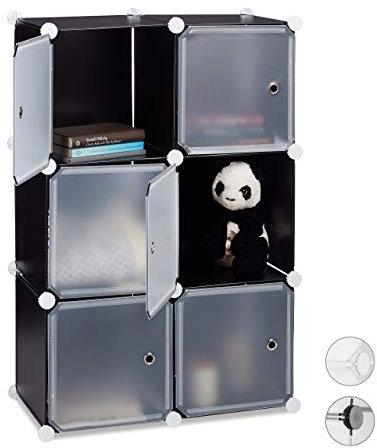 Relaxdays Regalsystem m. 6 Türen, DIY, Cubes, Grifföffnungen, Raumteiler, Badregal, Kunststoff, HBT 98x66x32 cm, schwarz