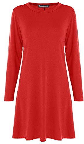 Mustwearit Womens Long Sleeve Plain Swing Dress Ladies Flared Dresses UK Size 8 to 26 Red Plus Size (UK 16/18)