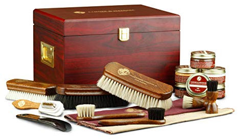 Langer & Messmer caja limpieza zapatos de alta calidad sin contenido o con set de cuidado de varias piezas con cremas para el cuidado, cepillos para zapatos y paños de algodón München caoba marrón