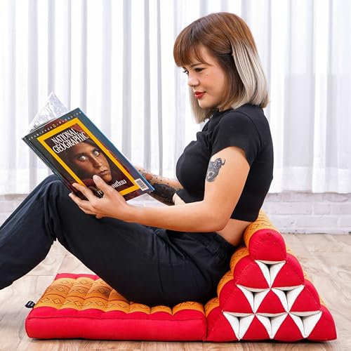 Leewadee Thai-Kissen Falt-Matratze Chill-Out Klapp-Matte Gepolsterte Lesestütze Boden-Liege-Matte mit Dreieck-Kissen Thai-Matte, Kapok, 75 x 50 cm, Orange Rot