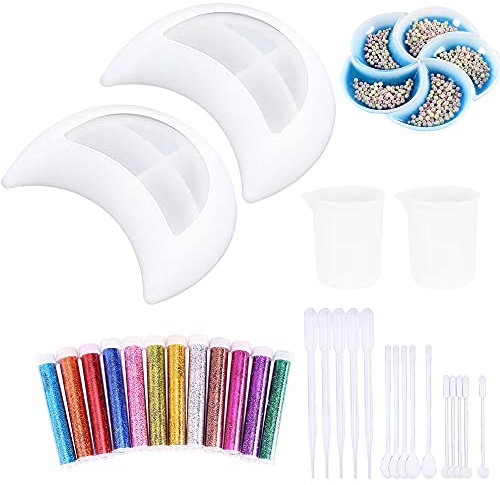 Woohome Molde de Resina, 2 Pz Moldes Resina Epoxi de Caja de La Luna con Lentejuelas, Taza Medidora de Silicona para Almacenamiento, Decoración del Hogar, Soporte para Joyas