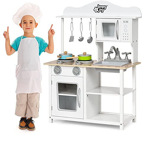 GOPLUS Kinderküche aus Holz, Küche für Kinder, Spielküche mit Metall Zubehör, Spüte, Backofen, Mikrowelle, Kochfeld, Holzküche, Kinderrollenspiele, weiß