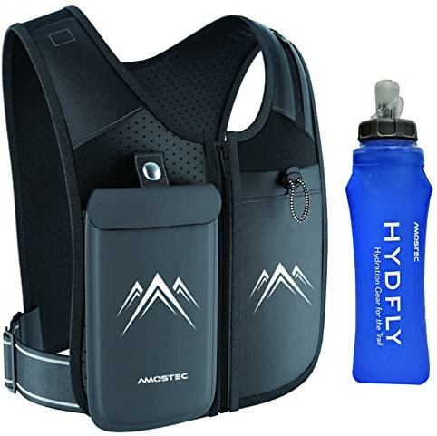 AMOSTEC Running Phone Holder Vest, Original Zip Front Reflective Running Vests with 500ml Hydration Bottle, 5 Pockets for Cards, Keys, Towels, Adjustable Waistband & Breathable Materials, Men & Women