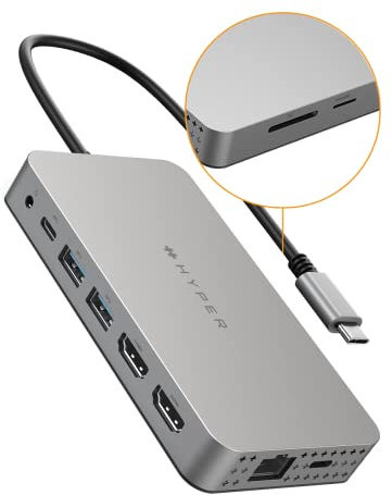 HyperDrive 4K Dual HDMI USB C Hub M1 MacBook 10in1: Dual 4K HDMI, Gigabit Ethernet, USB-A, USB-C, USB-C 100W Power Delivery, MicroSD/SD, Headphone Jack for MacBook Pro/Air(M1), Windows PC, Chromebook