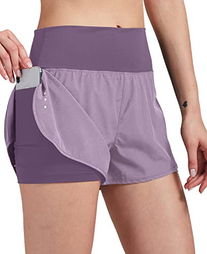 VIGVAN 2 in 1 Laufhose Damen Sport Shorts Sommer Kurze Hose Schnell Trocknend Fitness Shorts Yoga Shorts Gym Jogging Training Sporthose für Damen mit Taschen (PL, M)