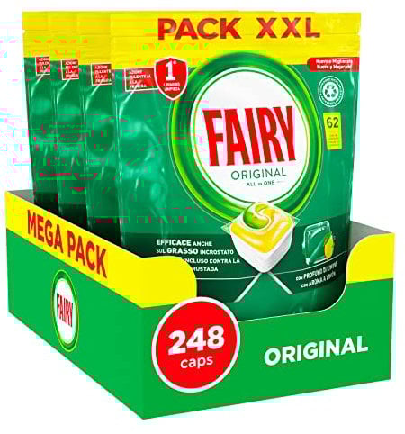Fairy Detergente en pastillas para lavavajillas, abrillantador, 248 cápsulas para lavavajillas, original limón, acción limpiadora al primer lavado, eficaz sobre la grasa incrustada con acción