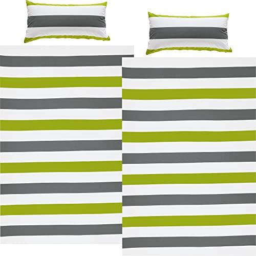 REDBEST Bettwäsche-Set Streifen Sparpaket 4-TLG. Renforcé grün-grau-weiß Größe 40x80 cm / 155x220 cm - strapazierstark, anschmiegsam, mit Reißverschluss