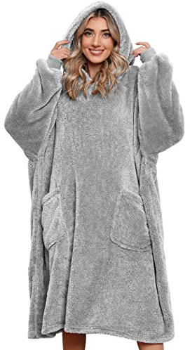 Tuopuda Felpa Coperta Donna Uomo Oversize Coperta con Cappuccio Maglione Pigiama Coperta Manica Lunga Felpa in Pile Regalo Donna Natale Felpone Felpata Calda, Ggrigio Chiaro