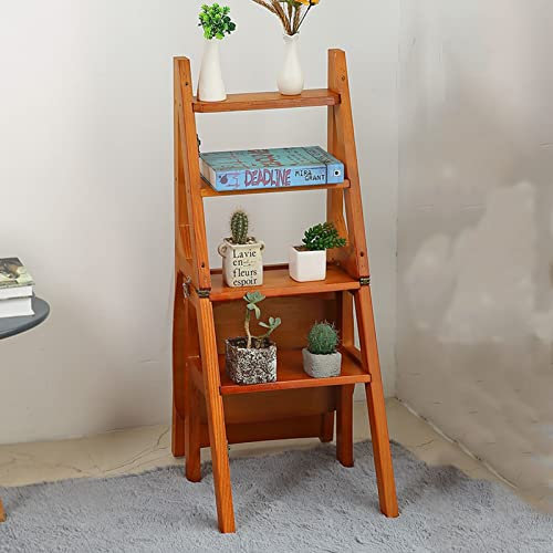 KUYT 4 Step Folding Stool Wooden Heavy Duty Anti-Slip Stepladder Ladder Chair Combination Home, Office Stairs Chair Flower Shelf Bookshelf Display Shelves Multifunction