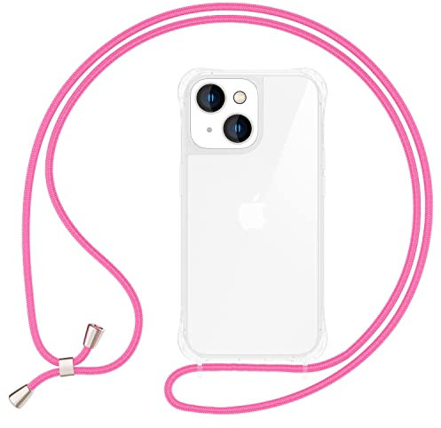 NALIA Handykette für iPhone 14 - Transparentes Hybrid-Case & Band - HANGIT PRO (Anti-Gelb Rückseite & Verstellbar) - Marke aus Berlin, Farbe:Pink