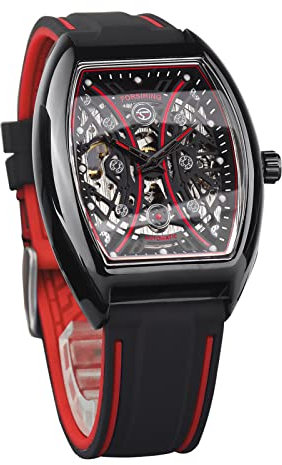 Forsining Montre pour homme à cadran rectangulaire mécanique automatique Mode squelette Vintage Steampunk Bracelet en silicone, Rouge, Sangle