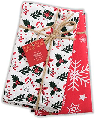 Ensemble de 2 Torchons de Noël 100% Coton (50x70 cm) - Idéal Cadeau de Noël - Essuie-Mains de Cuisine et Torchons à Vaisselle