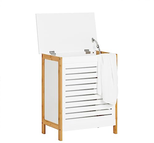 SoBuy Badezimmerschrank mit Wäschekorb für Badezimmer, 50x60x30 cm | Wäschetruhe Wäschesammler Wäschekorb Wäschetonne mit Deckel Wäschebox Weiß+Natur FSS66-WN