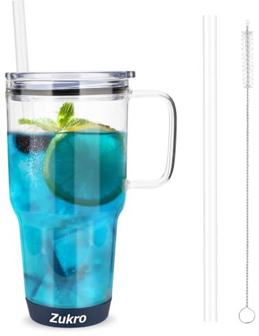 Zukro 32 oz Drinking Glass Tumbler with Handle, Iced Coffee Cup with Straw and Lid, Reusable Clear Glass Water Cup With Silicone Bumper Fits In Cupholder, Dishwasher Safe, BPA Free, Bluehorizon
