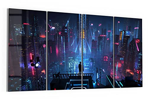 DEQORI Glasbilder Echtglas | Motiv Cyberpunk Stadt bei Nacht | horizontal 4-teilig 120x60 cm | große XXL Deko | Wandbilder für Wohnzimmer, Schlafzimmer, Flur & Küche | moderne Wanddeko