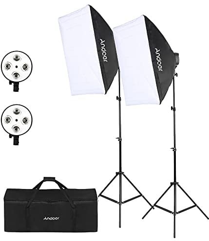 Andoer Softbox LED Set - Estudio Fotográfico Con 2 Softbox 50x70cm, 2 Portalámparas 4 en 1, 2 Soportes de Luz 2M y Bolsa de Transporte Para Retratos y Fotografía