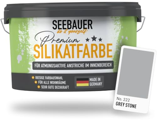 SEEBAUER diy Silikatfarbe Hellgrau 10L für Innen (No. 222 Grey Stone) Atmungsaktive Mineralfarbe für Allergiker - Abwaschbare Wandfarbe - Grautöne hohe Deckkraft