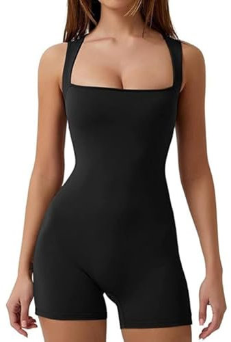 BKEPDY Damen Yoga Jumpsuit Kurz Eckigem Ausschnitt Ärmellos Stretch Tank Top Jumpsuits Workout Sport Romper Outfits Clubwear Streetwear (Schwarz M)