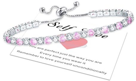 Pink Tennis Bracelets for Women, Sterling Silver Bracelets Pink Diamond Adjustable Bracelet, Silver Crystal Friendship Lady Bracelet Cubic Zircona Jewllery Birthday Gifts for Her