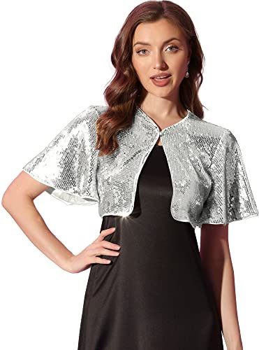 Allegra K Damen Bolero Pailletten Glitzer Shrug Party Crop Jacke Silber L