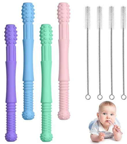 Vicloon Beißspielzeug für Babys, Silikon-Beißringröhren mit 4 Reinigungsbürsten, sensorisches Zahnfleisch-Massagegerät, Baby-Beißspielzeug, Kau-Strohspielzeug (blau/grün/rosa/lila)