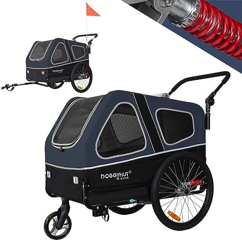 Doggyhut S-Line XL Hundeanhänger & Hundebuggy mit Federung 2 in 1 Hunde Fahrradanhänger Jogger gefedert bis 45 kg (Blau/Schwarz)