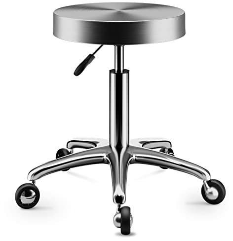 Exbert Runder Hocker aus gebürstetem Edelstahl, Verstellbarer Roll-Barhocker, Salon-Spa-Thekendrehstuhl mit Metall, verchromt, 5 Krallen und Rollen