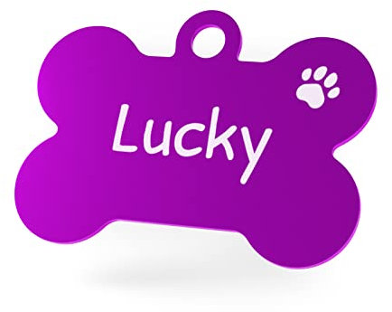 ENGRAVO Hundemarke mit Gravur in Lila 38mm | Knochen Halsbandanhänger personalisiert | Namensschild für Halsband | Anhänger Marke für Hunde, Welpen & Katzen | Dog Tag mit Wunschgravur