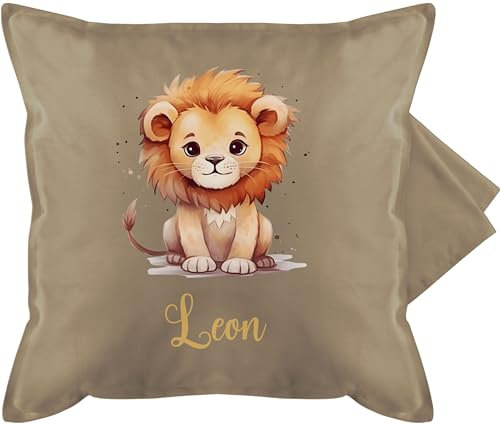 Kissenbezug - Süßer Löwe mit Name personalisiert I Löwen Geschenk I Zootiere I König der Tiere I LEU - 50 x 50 cm - Beige Natur - Kissen Kita löwenmotiv Leon personalisierte Tier