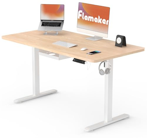 Flamaker Höhenverstellbarer Schreibtisch Ganze Tischplatte 100 x 60 cm Schreibtisch Höhenverstellbar Elektrisch mit 4 Memory-Steuerung und Häkchen und 360° Rollen (Beige+Weiß)
