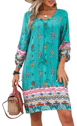 Zeagoo Damen Sommerkleid Bohemian Strandkleid Sommer Freizeitkleid 3/4-Arm Strandtunika Knielanges T Shirt Kleider M