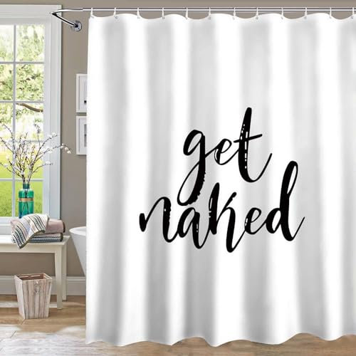 Inshere Get Naked Motive Duschvorhang für Badezimmer mit 12 Haken, Reines Weiß Einfacher Druck Duschvorhänge Set für Badezimmer Dekor 180x180cm Wasserdichtes Gewebe