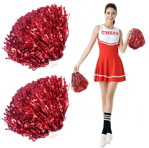 LQIOACU 2 Stück Rot Cheerleader Pompons, Pompons Cheerleader, Pom Poms Cheerleading, Metallic Tanzwedel PET Tanzpuschel Cheers Ball Zum Schule Sport Prost Tanz Nacht Party