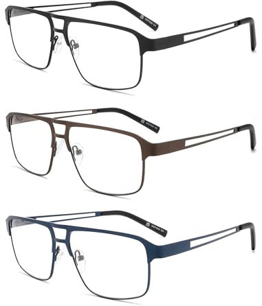MODFANS Confezione da 3 occhiali da lettura da uomo, filtro luce blu, telaio in metallo, stile rettangolare, in acciaio inox, C134, +3.50